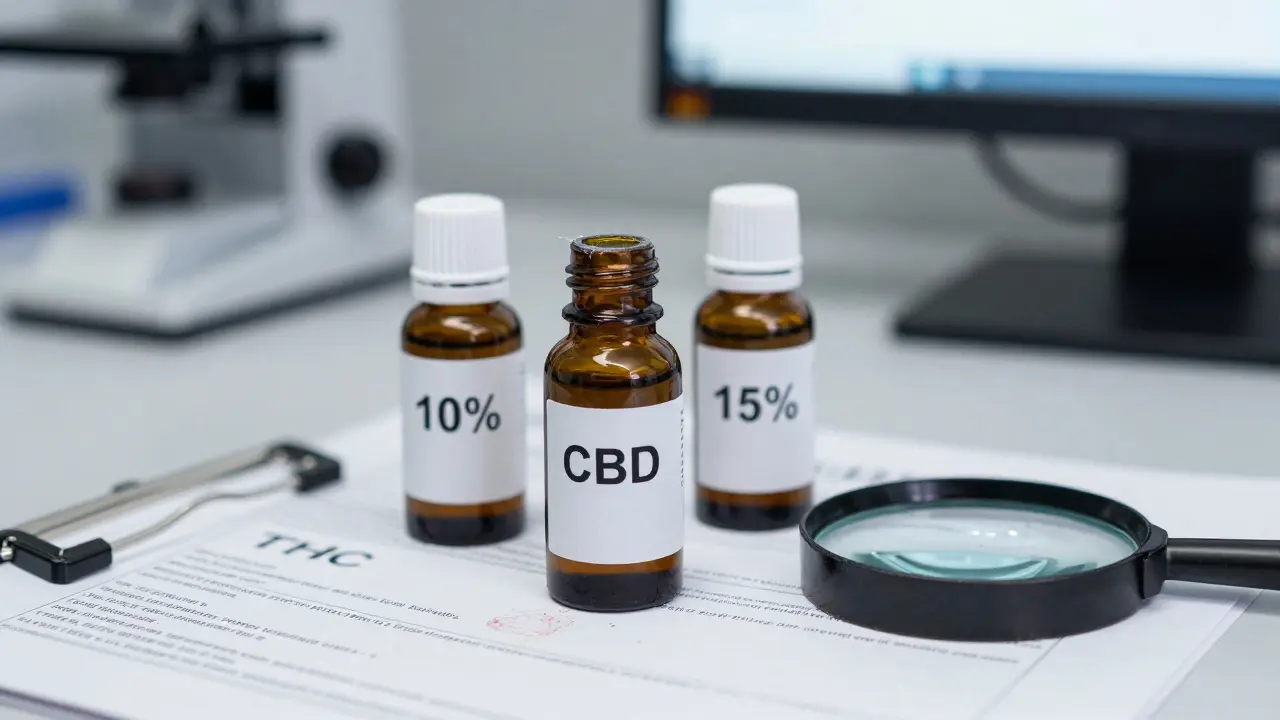 Drei CBD-Öl-Flaschen auf einem Labortisch mit Laborbericht und ungenauen Angaben zum CBD-Gehalt.