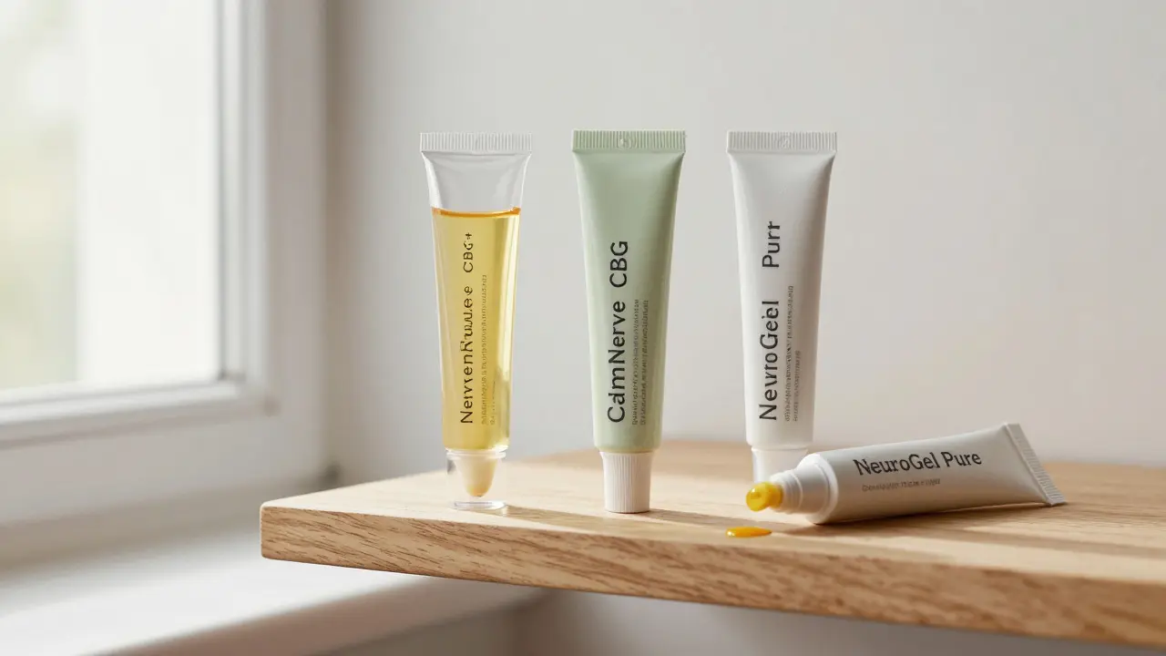 Drei CBG-Cremes auf Holzregal mit klaren Etiketten und natürlichen Zutaten.
