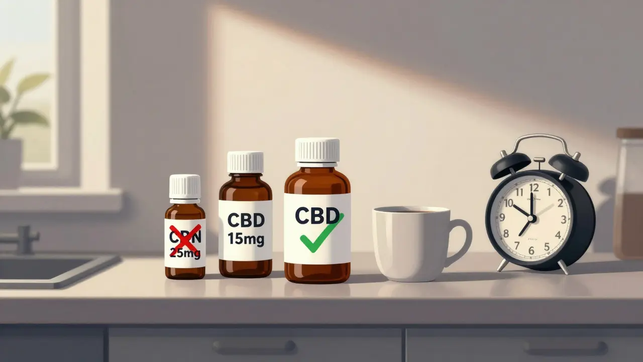 Drei CBN-Produkte auf der Küchenbank, eines mit Warnsymbol und Wecker.