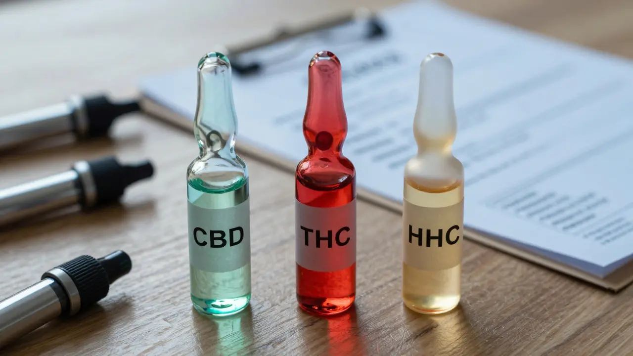 Drei Vials mit CBD, THC und HHC nebeneinander, jeweils mit unterschiedlichem Licht, unter naturbelassener Beleuchtung.