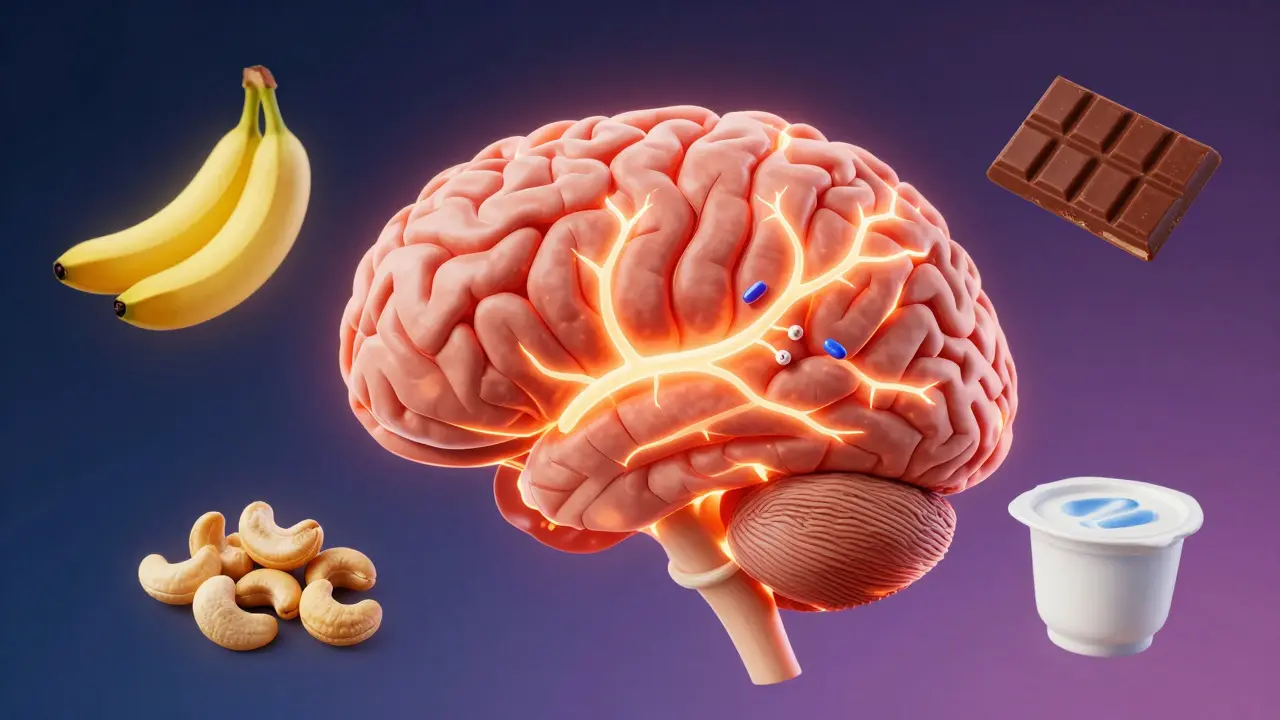 Ein gezeichnetes Gehirn mit leuchtenden Nervenbahnen, die Hunger signale auslösen, umgeben von schwebenden Lebensmitteln.