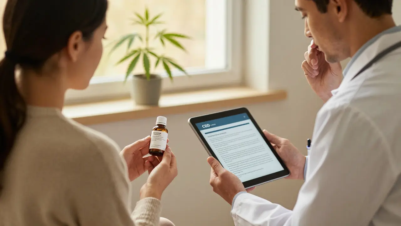 Ein Patient und ein Arzt besprechen CBD in einer beruhigenden Sprechstunde, mit Laborbericht und Hanfpflanze im Hintergrund.