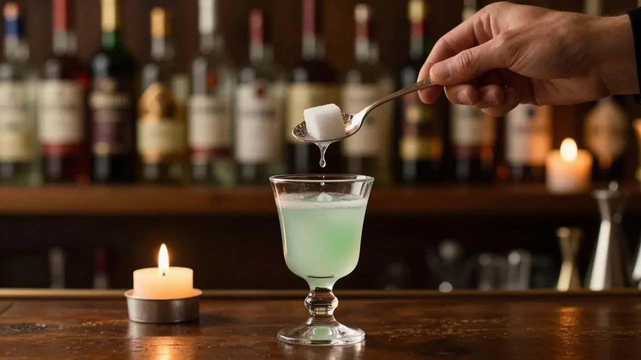 Ein traditionelles Absinth-Ritual mit Wasser, Zucker und silberner Löffel, das milchig-grüne Licht erzeugt.