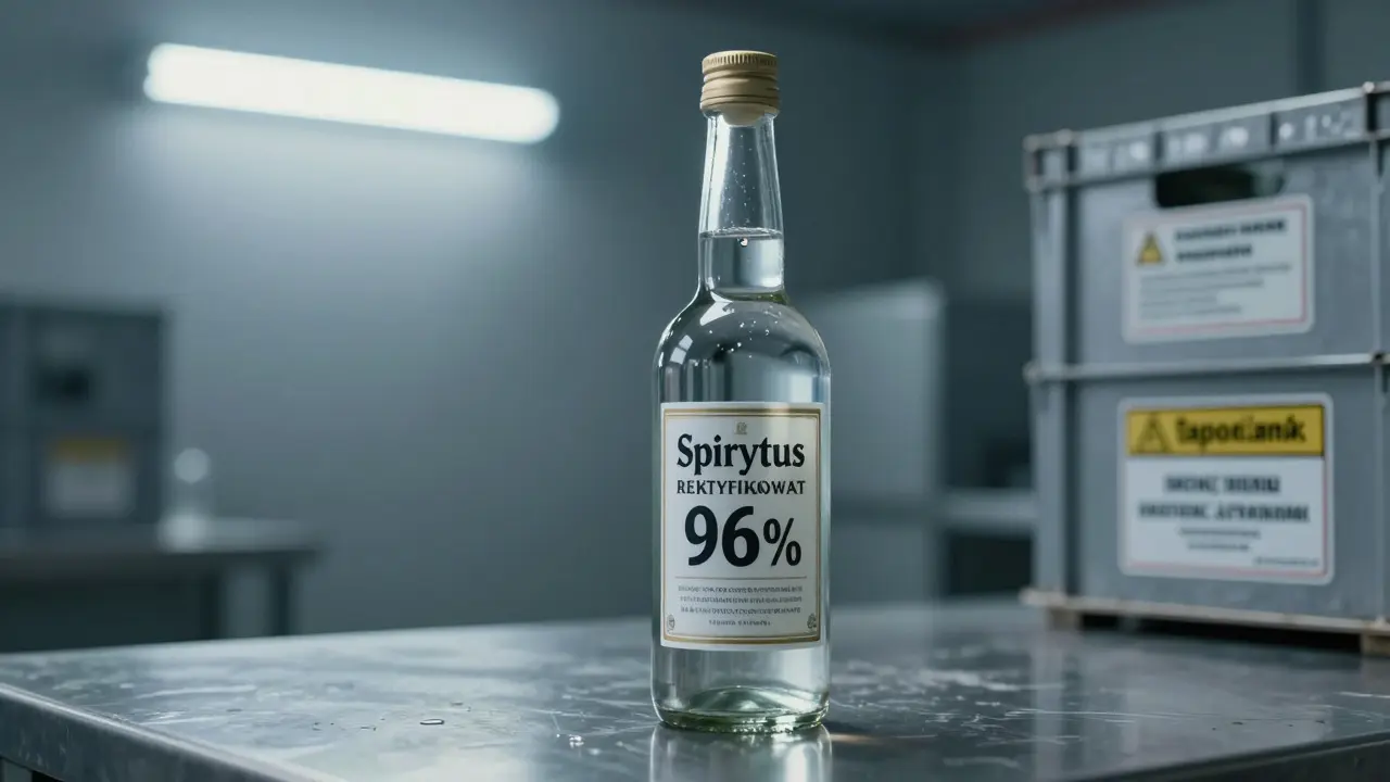 Eine Flasche Spirytus Rektyfikowany mit 96 % Alkohol auf metallischem Hintergrund, ein Tropfen hängt an der Flaschenöffnung.