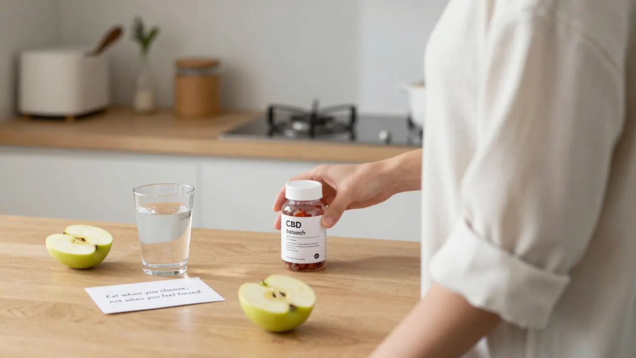 Eine Person hält CBD-Gummibärchen in einer minimalistischen Küche mit Apfel und Wasser.