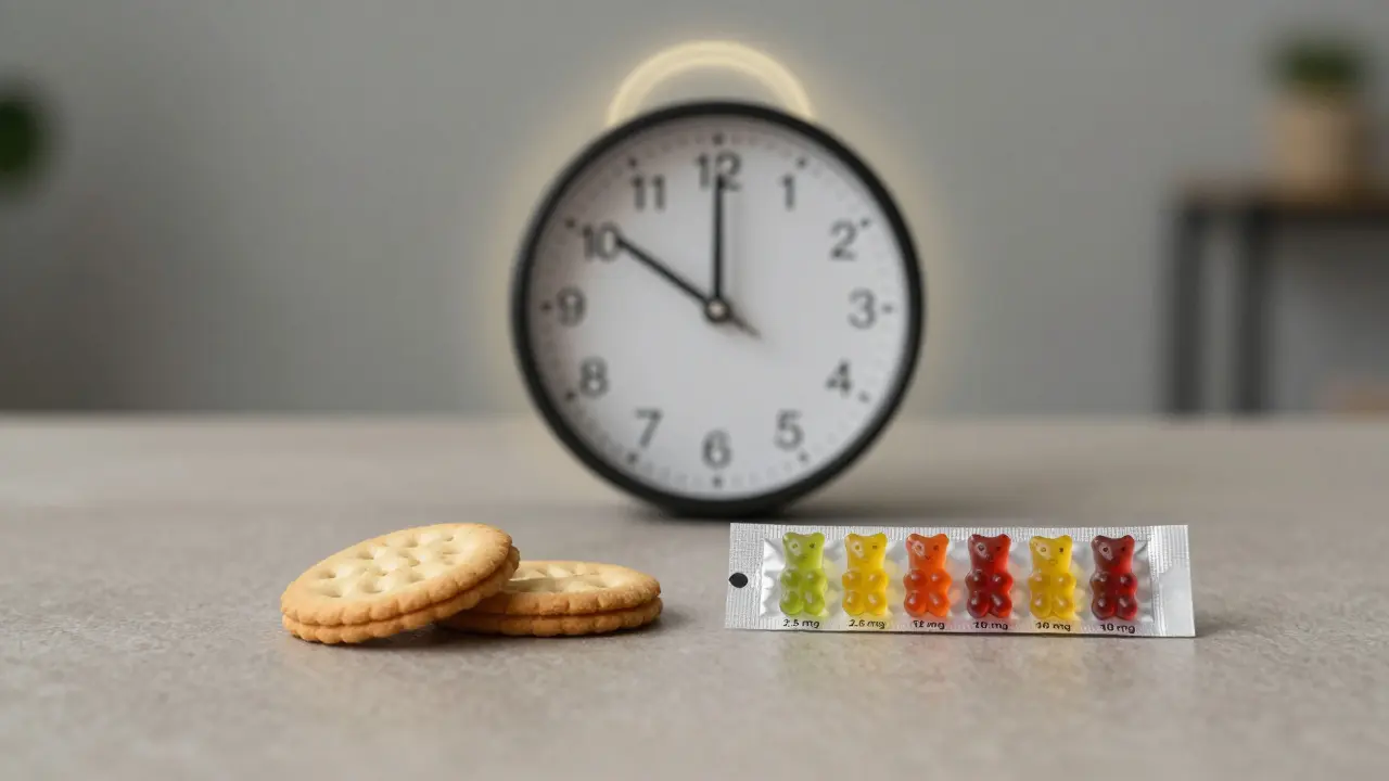 Eine Person zögert vor einem geteilten Cookie und Gummibärchen, mit einer Uhr, die 90 Minuten anzeigt.