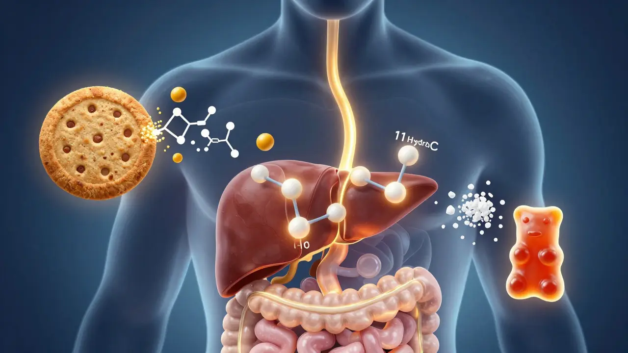 Eine silhouettierte Verdauung mit THC-Molekülen, die in der Leber in 11-Hydroxy-THC umgewandelt werden.