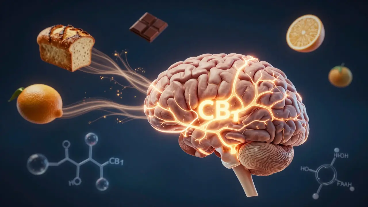 Gehirn mit leuchtenden Nervenverbindungen und Duftwellen zu Lebensmitteln, wissenschaftlich stilisiert.