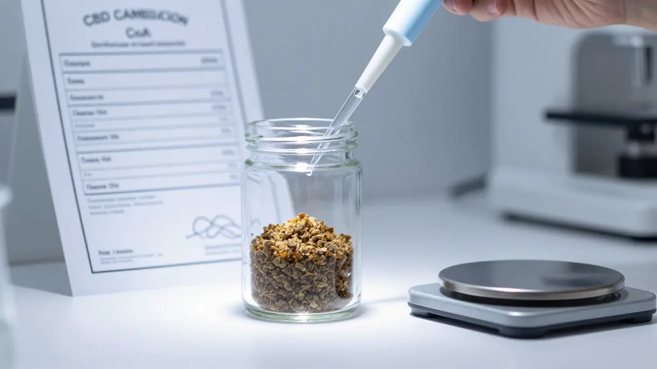 Glasbehälter mit CBD-Crumble und Laborzertifikat im Labor