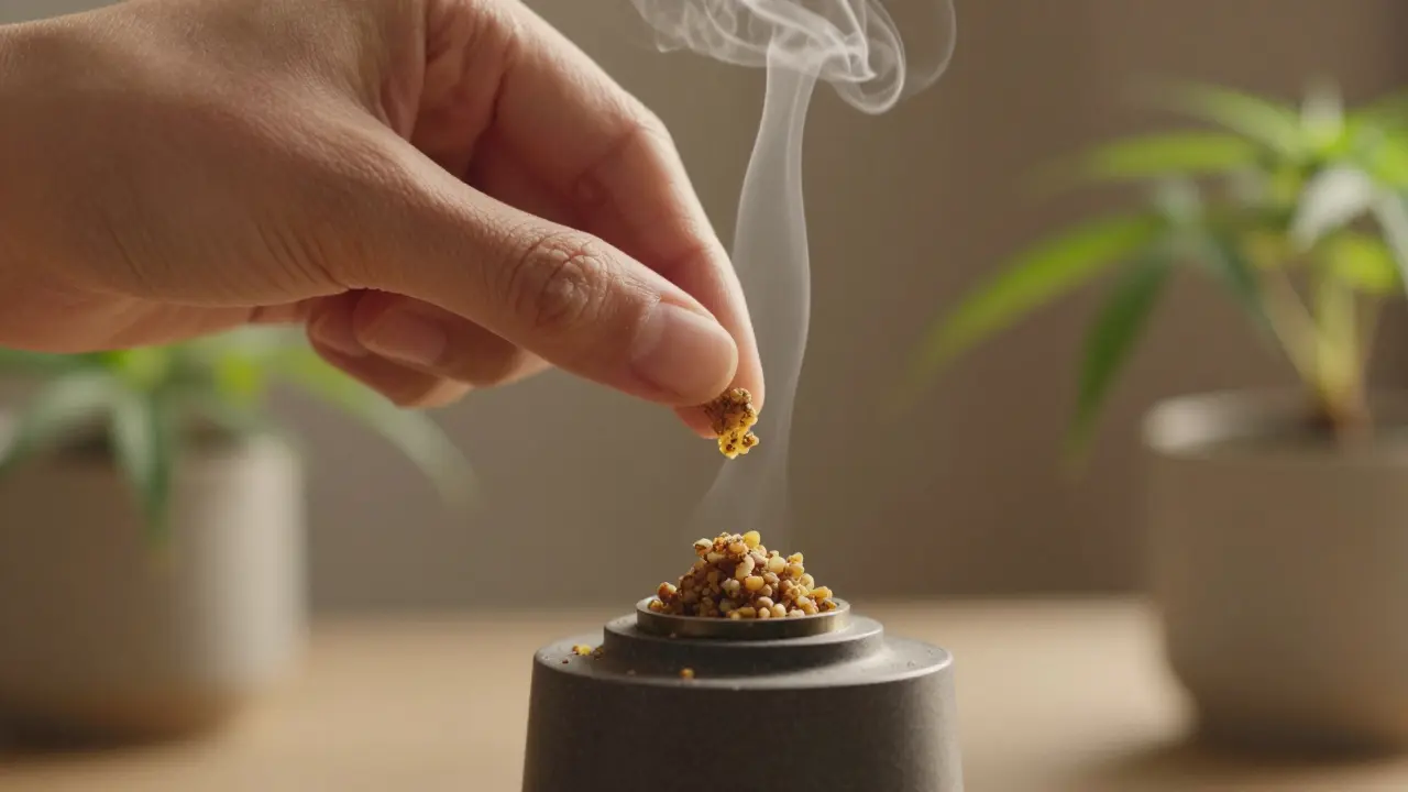 Hand hält CBD-Crumble über Vaporizer, Dampf steigt auf