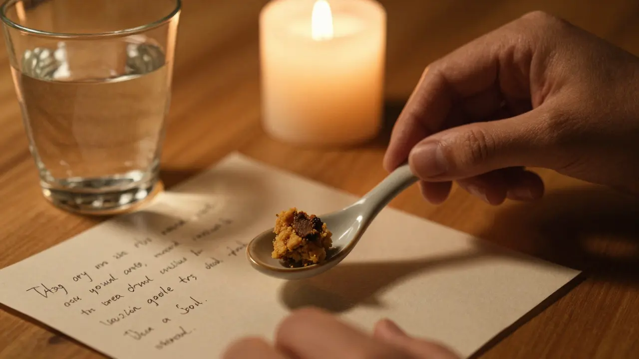 Hand legt ein kleines CBD-Crumble-Stück auf einen Tonlöffel mit Kerze und Notizen.