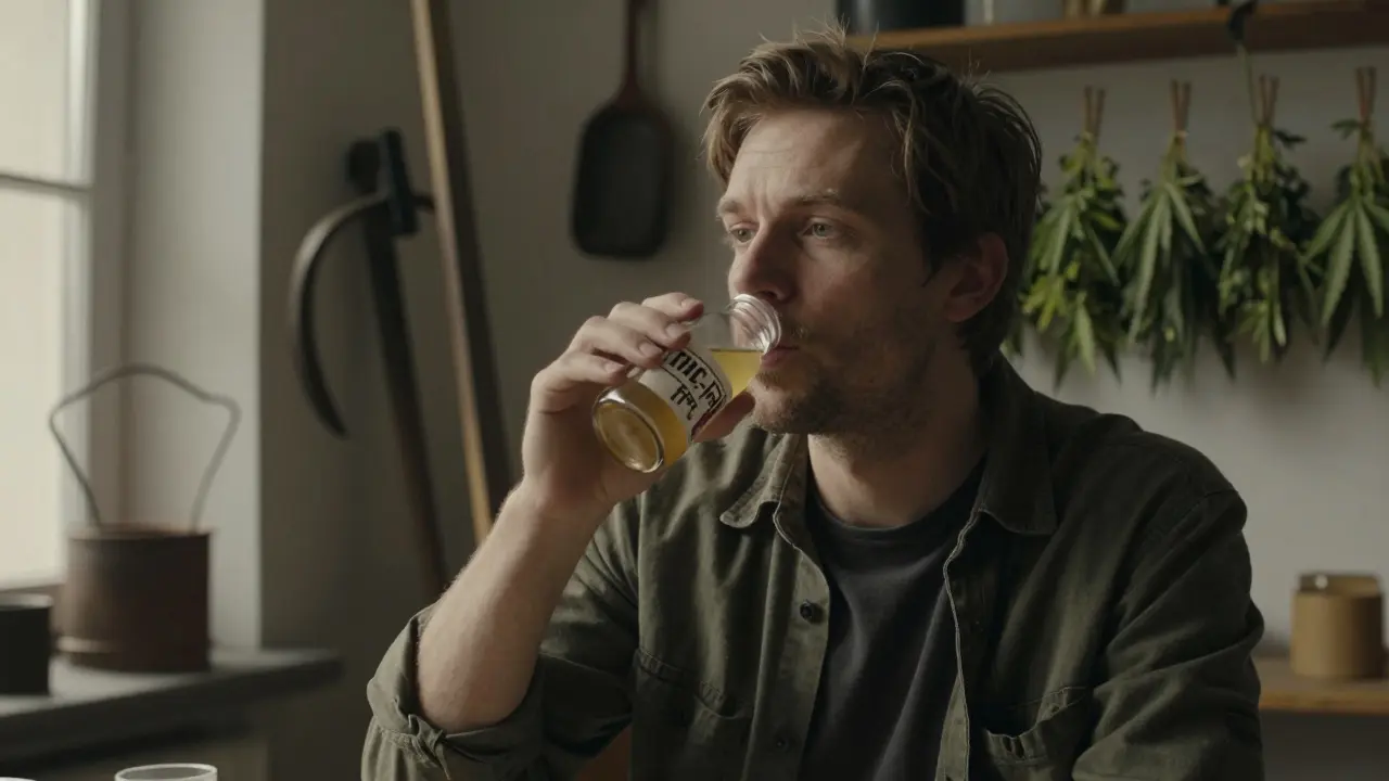 Mann in Leipzig hält ein CBD-IPA-Glas, blickt nachdenklich, hinter ihm trocknen Hanfpflanzen an einer Holzwand.