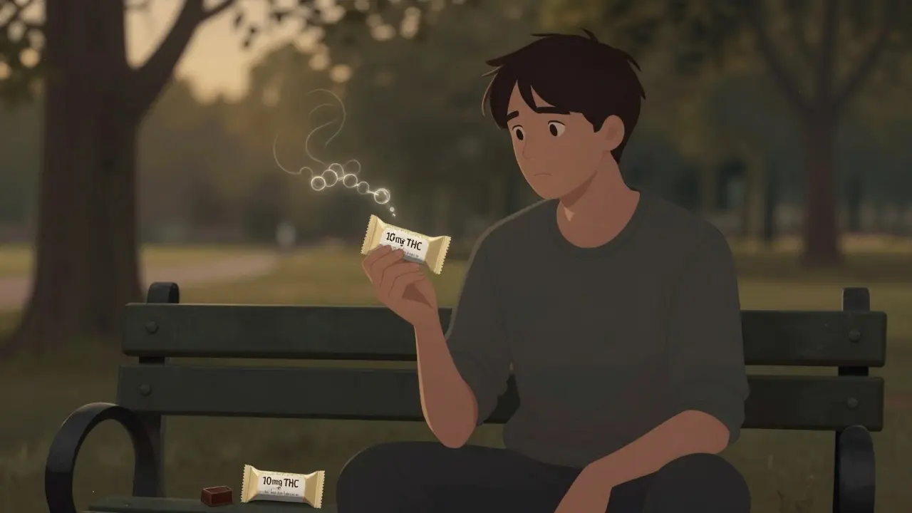 Mensch auf einer Parkbank bei Dämmerung, wirkt verwirrt, hält eine leere Schokoladenverpackung.