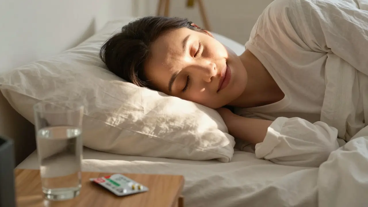 Mensch erwacht friedlich bei Sonnenaufgang, wirkt erfrischt und klar nach CBD-Einnahme.