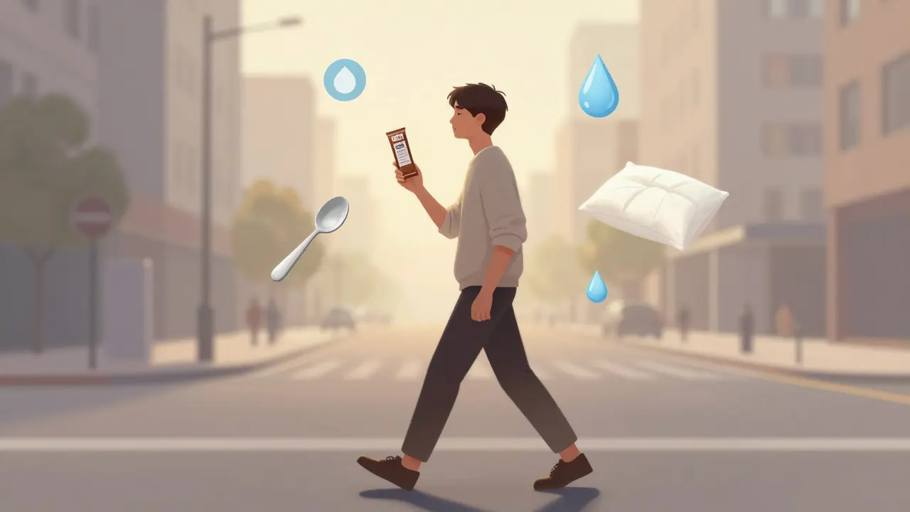 Mensch mit erholsamen Augen, hält CBD-Schokolade, umgeben von Symbolen für Prävention und Pflege.