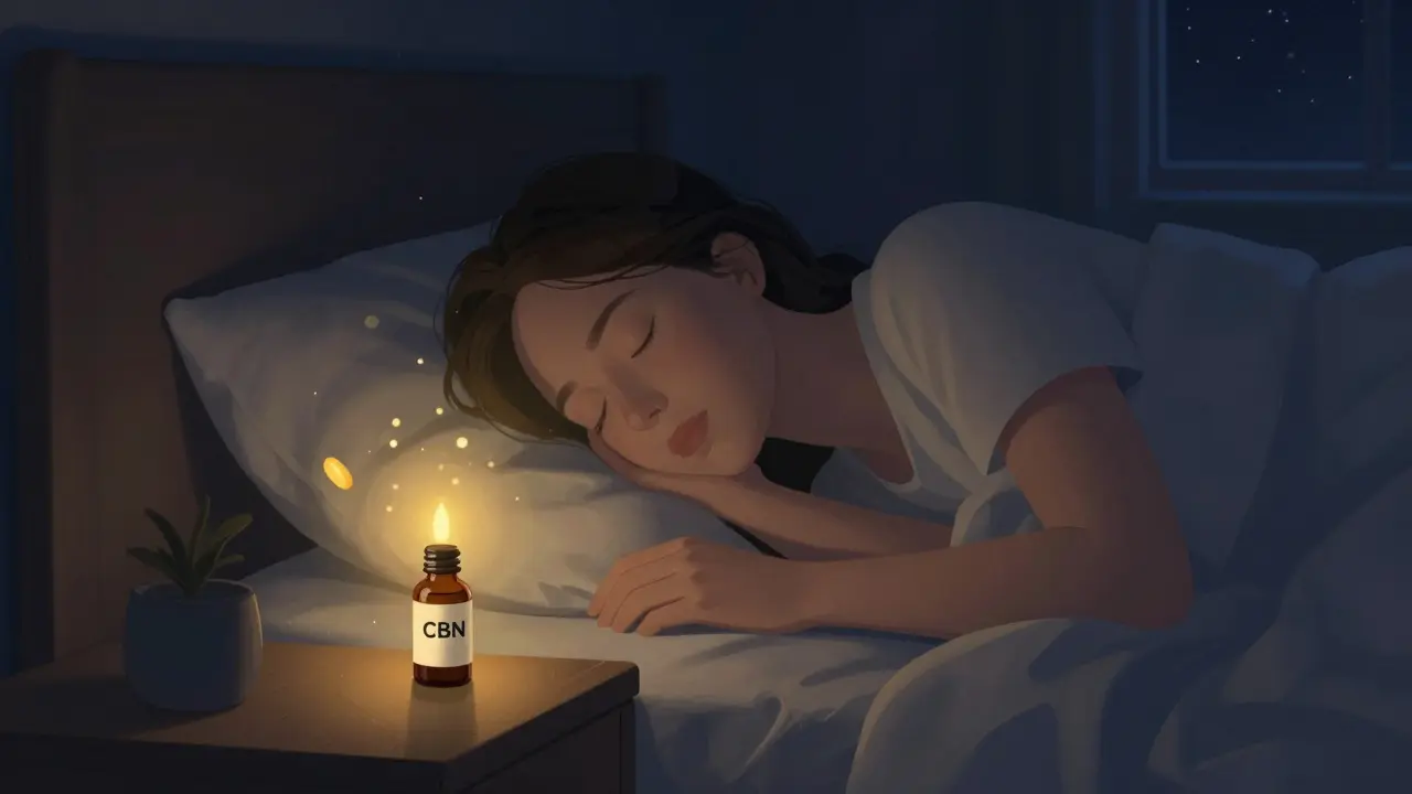 Mensch schläft friedlich, sanftes Licht strahlt von einer CBN-Flasche aus, beruhigende Partikel schweben um ihn.