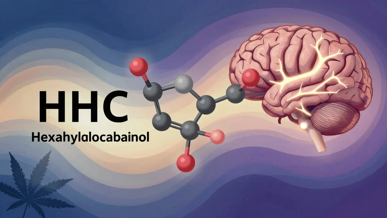Molekülstruktur von HHC mit neuronalen Lichtwellen und Hanfpflanze, symbolisiert veränderte Wahrnehmung.