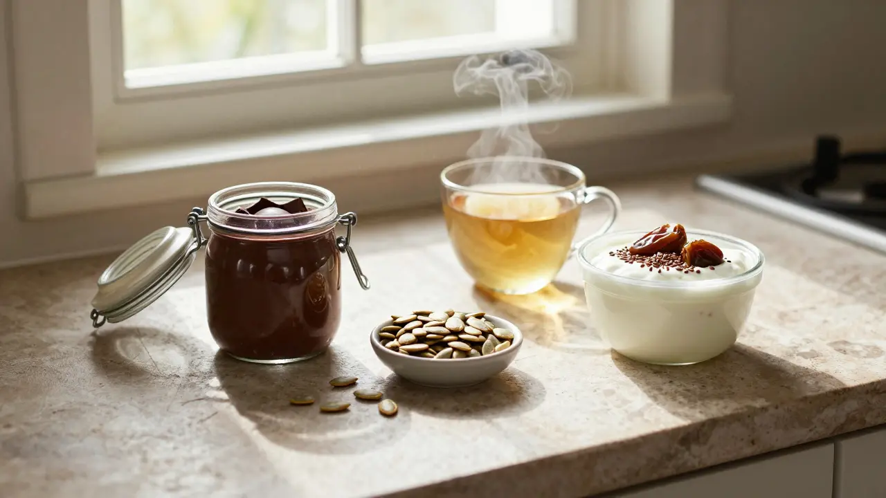 Natürliche Snacks gegen Angst: dunkle Schokolade, Kürbiskerne, Kamillentee und Joghurt.
