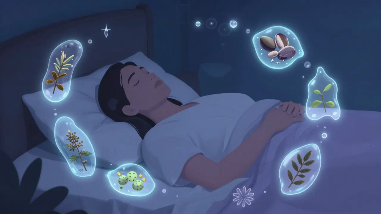 Person im Schlaf, umgeben von schwebenden, leuchtenden CBN-, CBD- und Terpen-Molekülen in beruhigenden Farben.