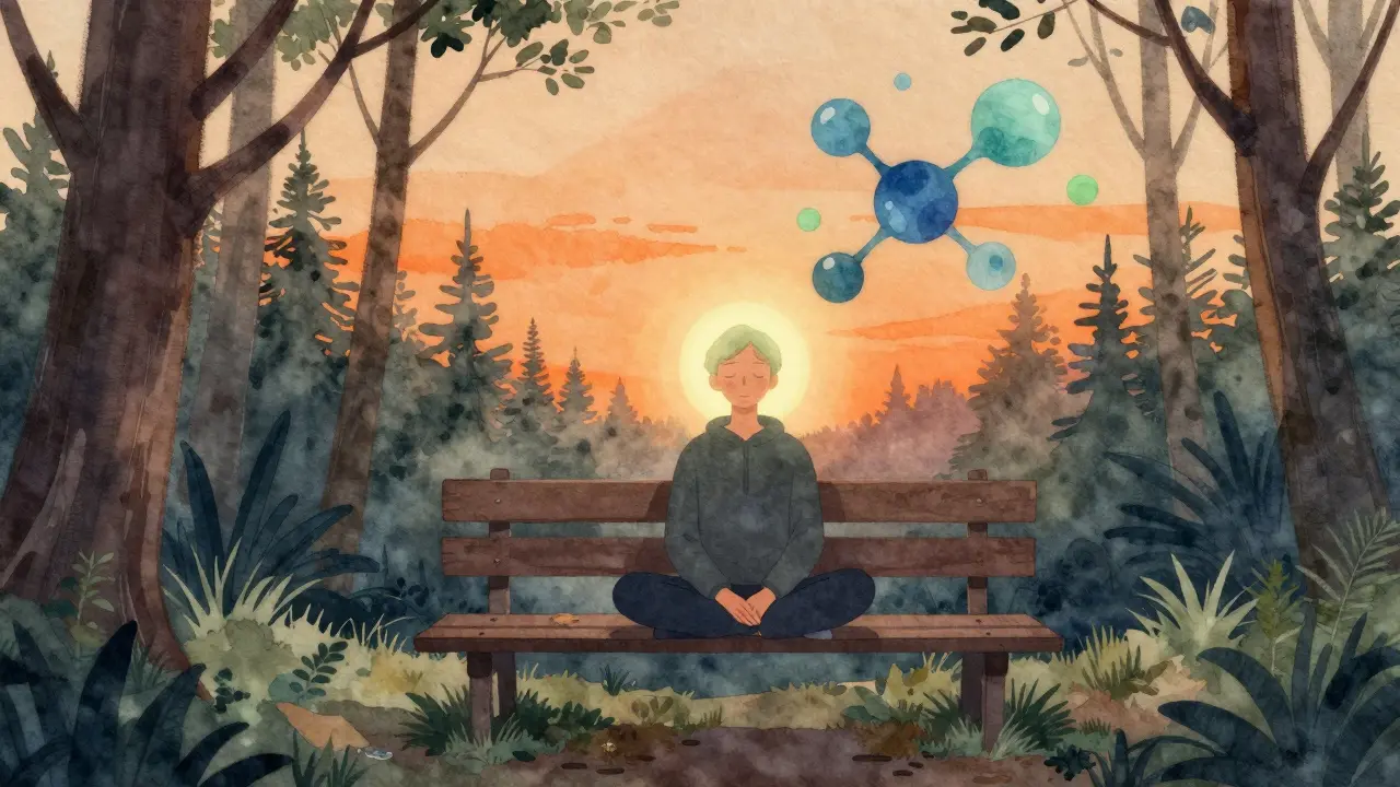 Person in Wald bei Dämmerung, ruhig und entspannt, umgeben von sanften Lichtwellen.