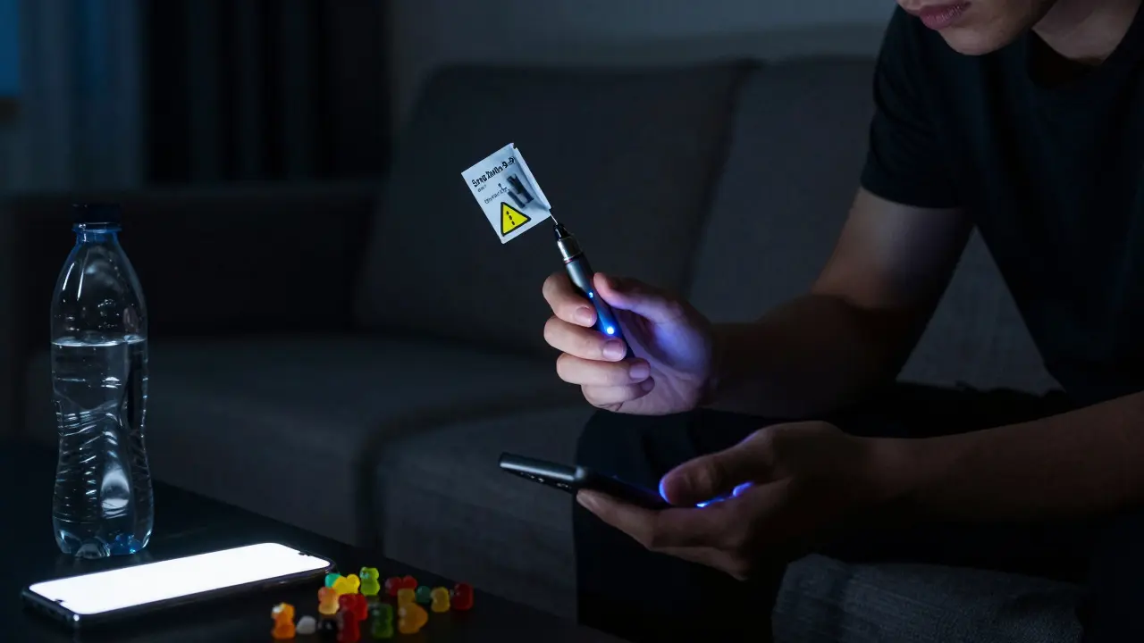 Person mit Vape-Pen in dunklem Zimmer, leerer Verpackung und Gummibärchen auf dem Boden