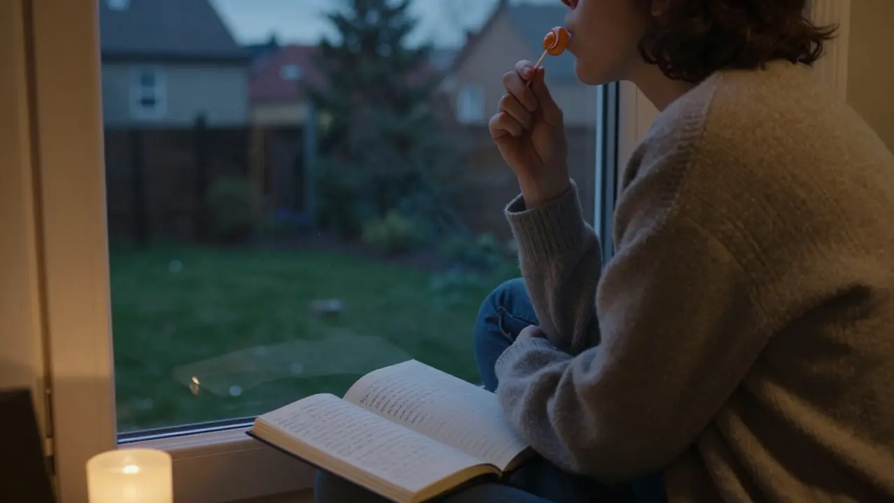 Person sitzt am Fenster bei Dämmerung und genießt eine CBD-Lutschbonbon in Ruhe.
