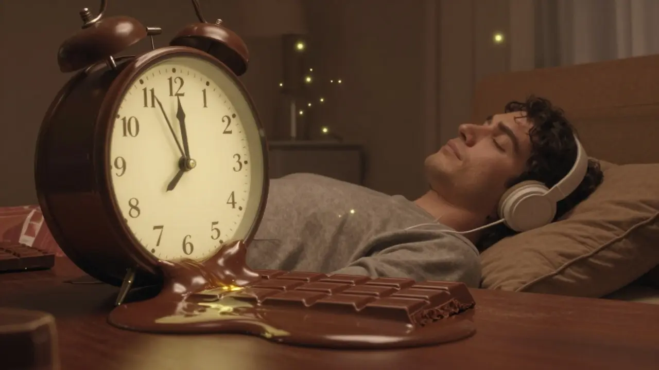 Schmelzende Uhr über einer Schokolade, symbolisiert die verzögerte Wirkung von Edibles.