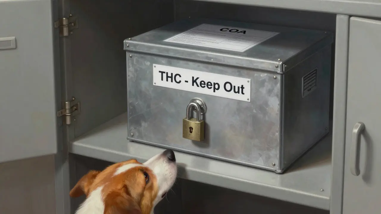 Verschlossener Schrank mit THC-Produkten, außer Reichweite eines Hundes und eines Kindes.