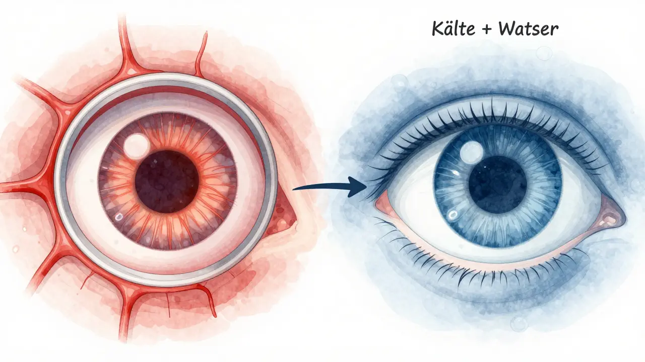 Visuelle Darstellung der Augenblutgefäße vor und nach Kühlung, mit Wasser und Kälte als Heilmittel.