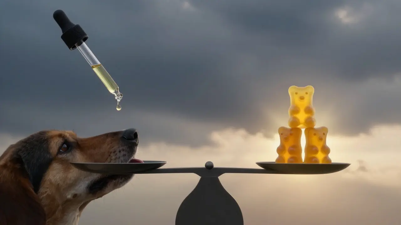 Waage mit CBD-Öl auf einer Seite und Gummibärchen auf der anderen, Symbol für die Wahl zwischen Präzision und Bequemlichkeit.