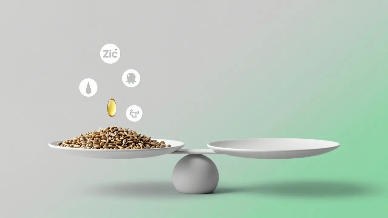 Waage mit Hanfsamen auf einer Seite, symbolisiert hormonelle Neutralität und natürliche Ernährung.