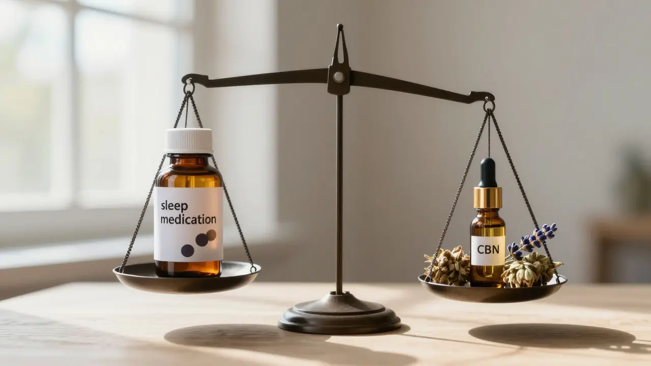 Waage mit Schlafmittel auf der einen und CBN-Öl mit Lavendel und Hopfen auf der anderen Seite.