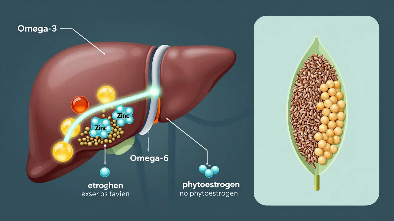 Wissenschaftliche Darstellung der Leber, in der Omega-Fettsäuren und Zink aus Hanfsamen den Östrogenabbau unterstützen.