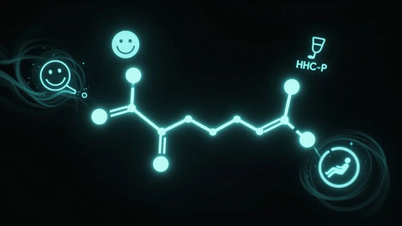 Abstrakte chemische Struktur von HHC-P mit heller Propyl-Kette in dunklem Raum