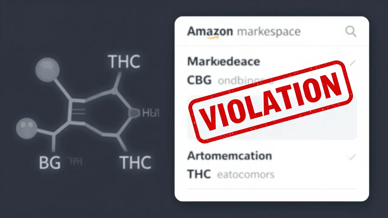 Amazon-Produktliste mit rotem Verstoß-Icon, CBG- und THC-Moleküle im Hintergrund.