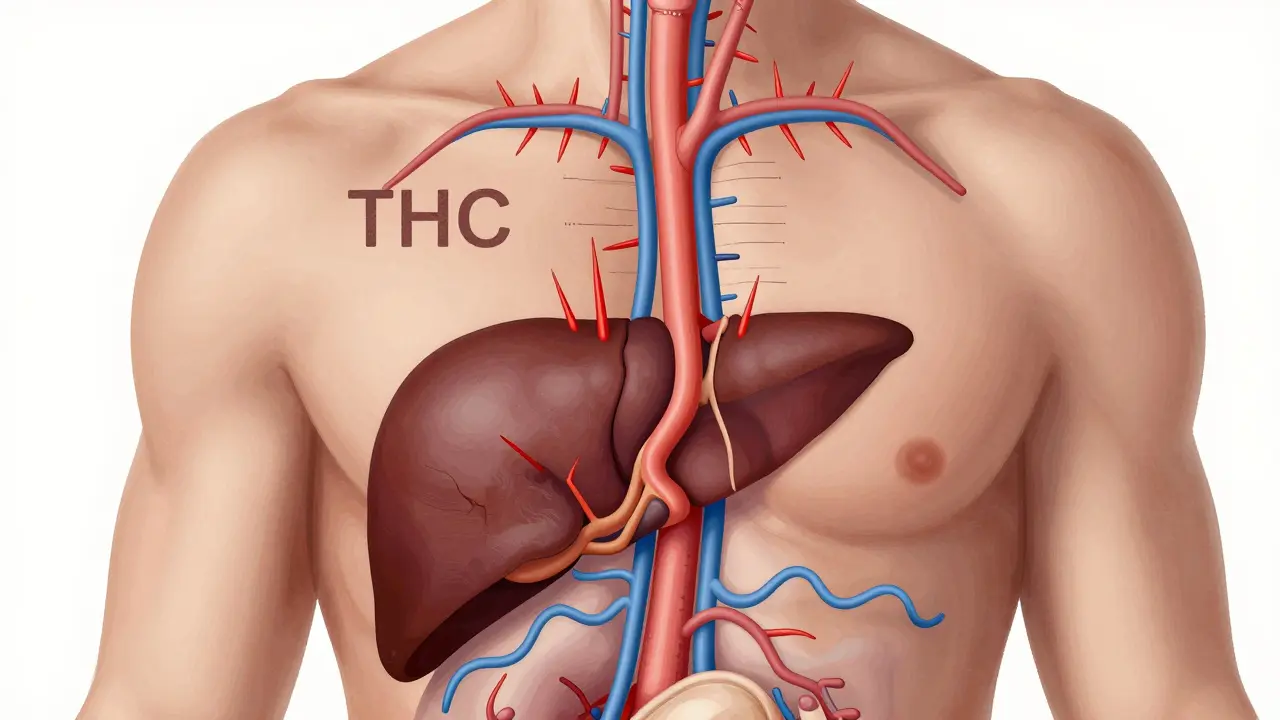 Anatomische Darstellung der THC-Aufnahme: schnelle vs. langsame Aufnahme im Körper, medizinisch stilisiert.