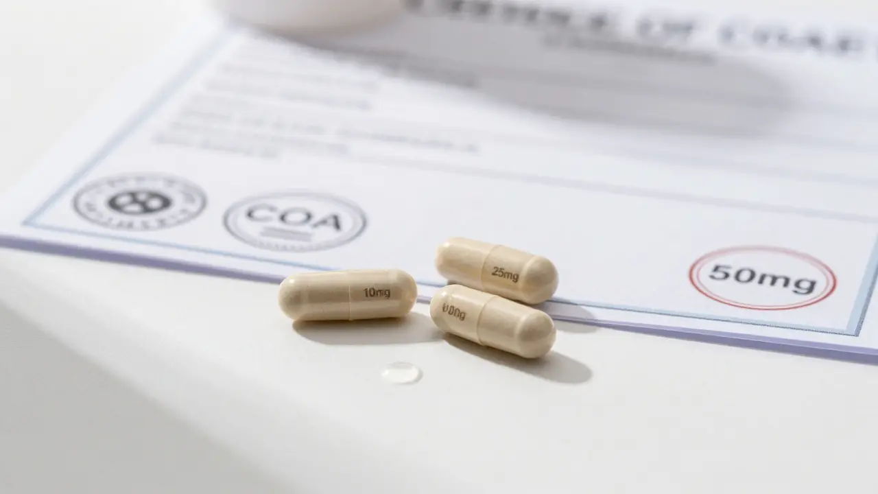 Drei CBD-Kapseln mit Dosierungen und einem Laborzertifikat auf weißem Hintergrund.