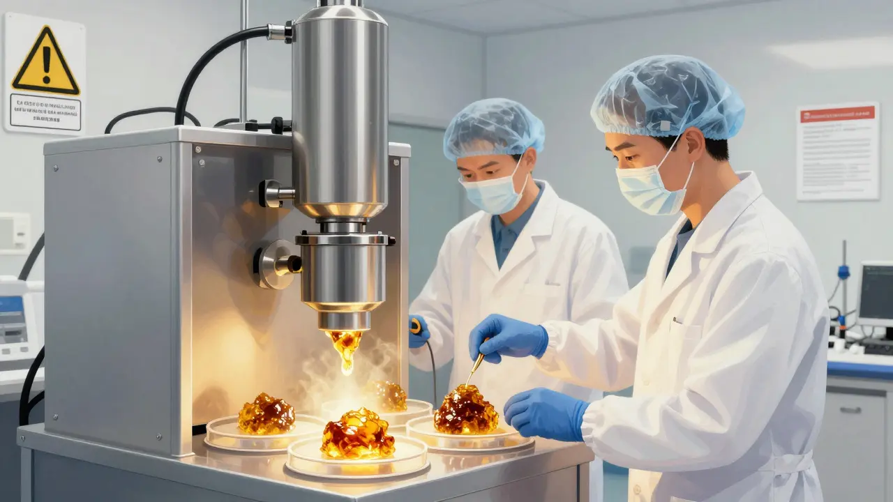 Ein Labor in der Schweiz mit Technikern, die CBD-Shatter mit CO₂-Extraktion herstellen.