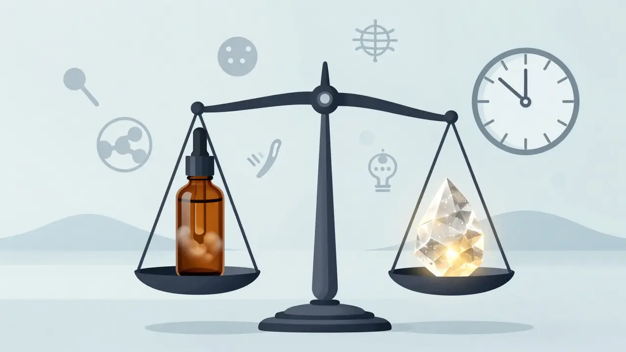 Ein symbolisches Gleichgewicht zwischen CBD-Öl und CBD-Shatter mit Lichtwellen, die Erleichterung darstellen.