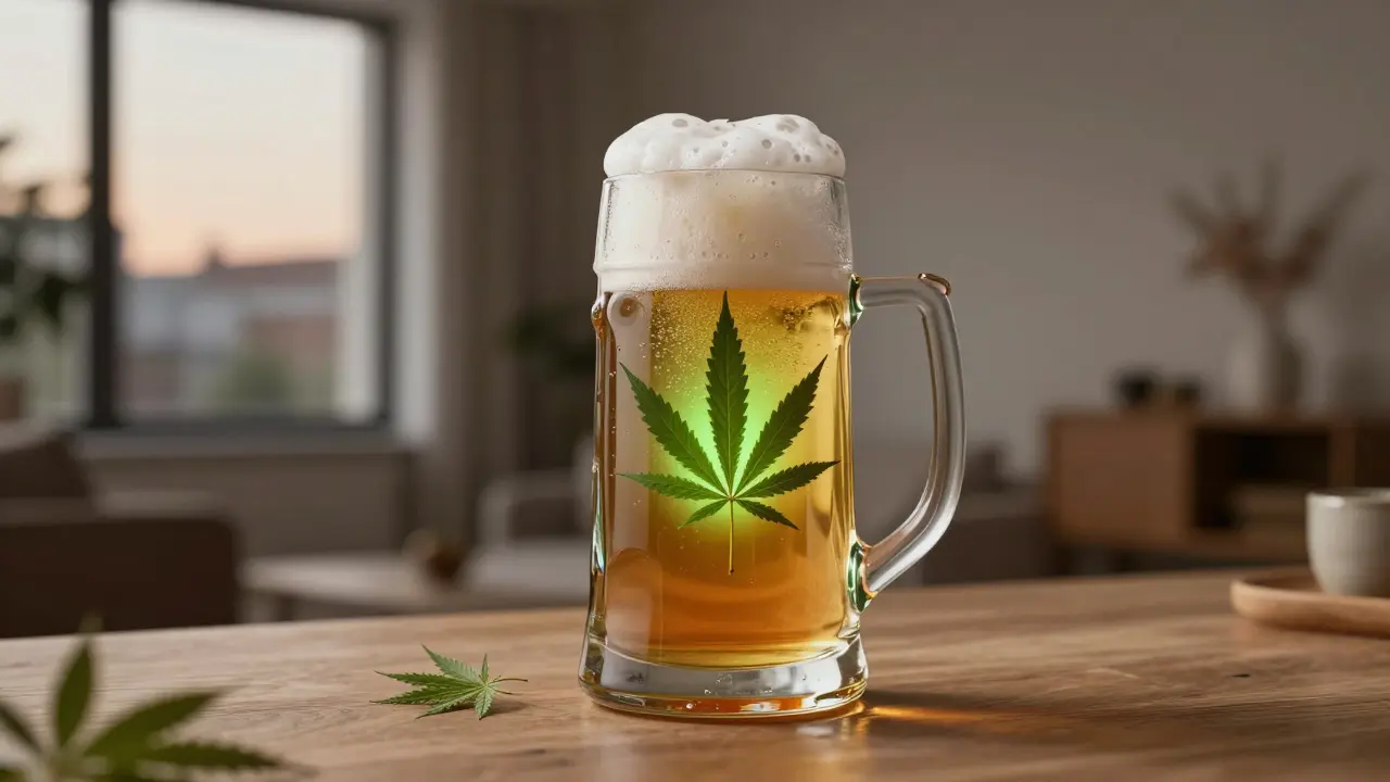 Ein traditioneller Bierkrug mit CBD-Getränk und Hanfblättern, symbolisiert als beruhigendes, alkoholfreies Getränk.