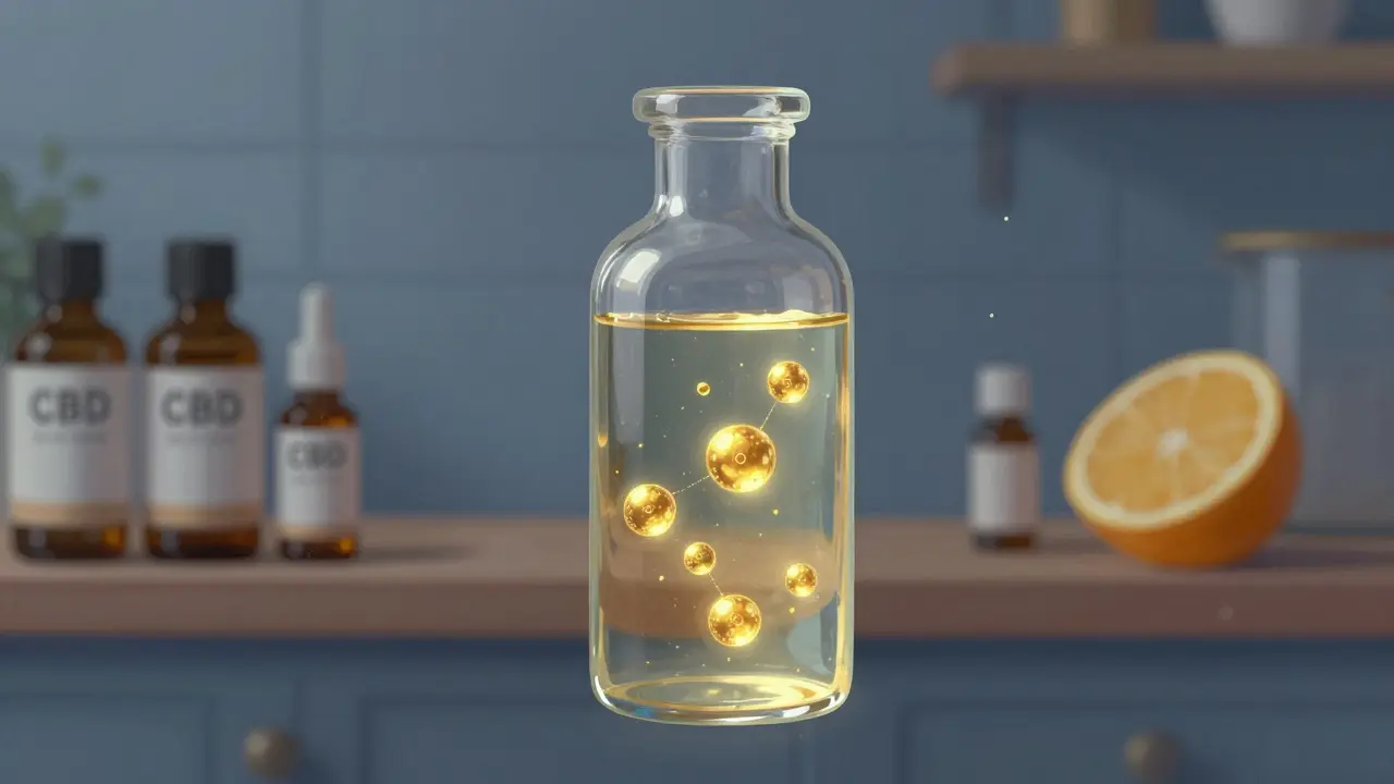 Ein transparentes Glas mit gleichmäßig verteilten, leuchtenden CBD-Molekülen in klarem Flüssigkeitsmedium.