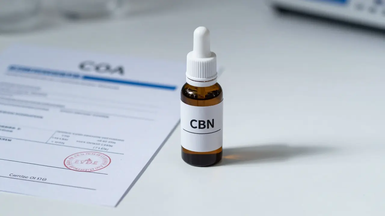 Ein zertifiziertes CBN-Ölfläschchen mit Laboranalyse in einem klaren, professionellen Laborumfeld.