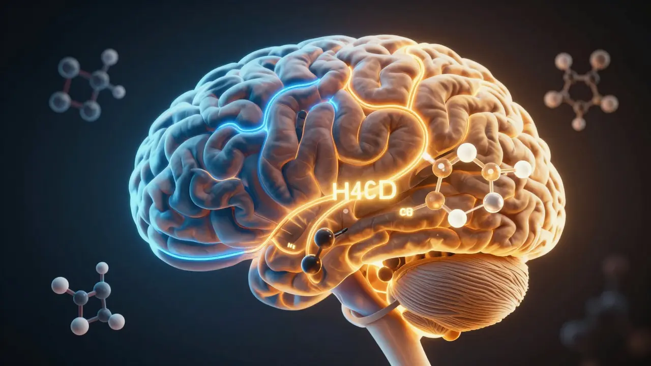 Eine menschliche Gehirnstruktur mit zwei unterschiedlichen Wirkwegen für CBD und H4CBD, dargestellt durch farbige Lichtwege.
