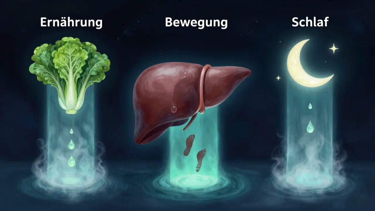 Eine menschliche Leber, umgeben von drei Lichtsäulen für Ernährung, Bewegung und Schlaf, während Fetttröpfchen verschwinden.