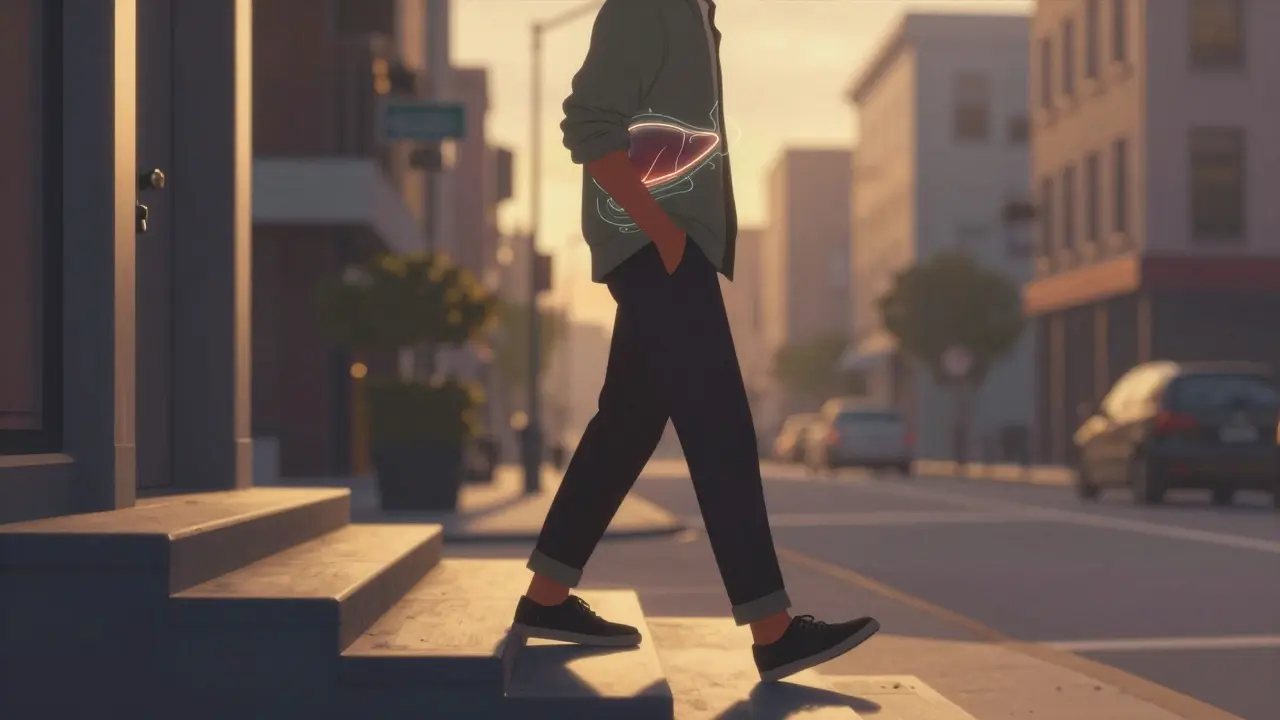 Eine Person geht abends eine Treppe hinauf, statt den Aufzug zu nehmen, in einer städtischen Umgebung bei Abendlicht.