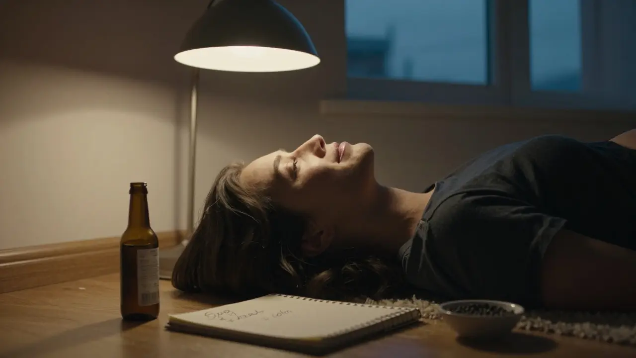 Eine Person liegt auf dem Boden in einem dunklen Raum, neben ihr ein leeres Getränkefläschchen und eine Schale mit schwarzem Pfeffer.