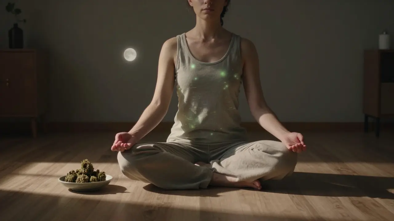 Eine Person meditiert in ruhigem Zimmer, CBD-Blüten neben ihr.