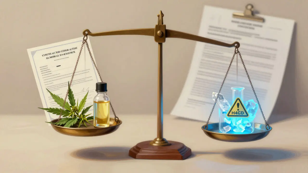 Eine Waage mit natürlichen CBD-Produkten auf einer Seite und synthetischem H4CBD auf der anderen, symbolisch dargestellt.