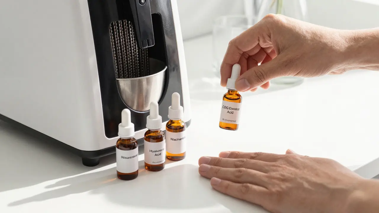 Hand legt CBG-Fläschchen in einen Shredder, während legale Inhaltsstoffe auf dem Counter liegen.