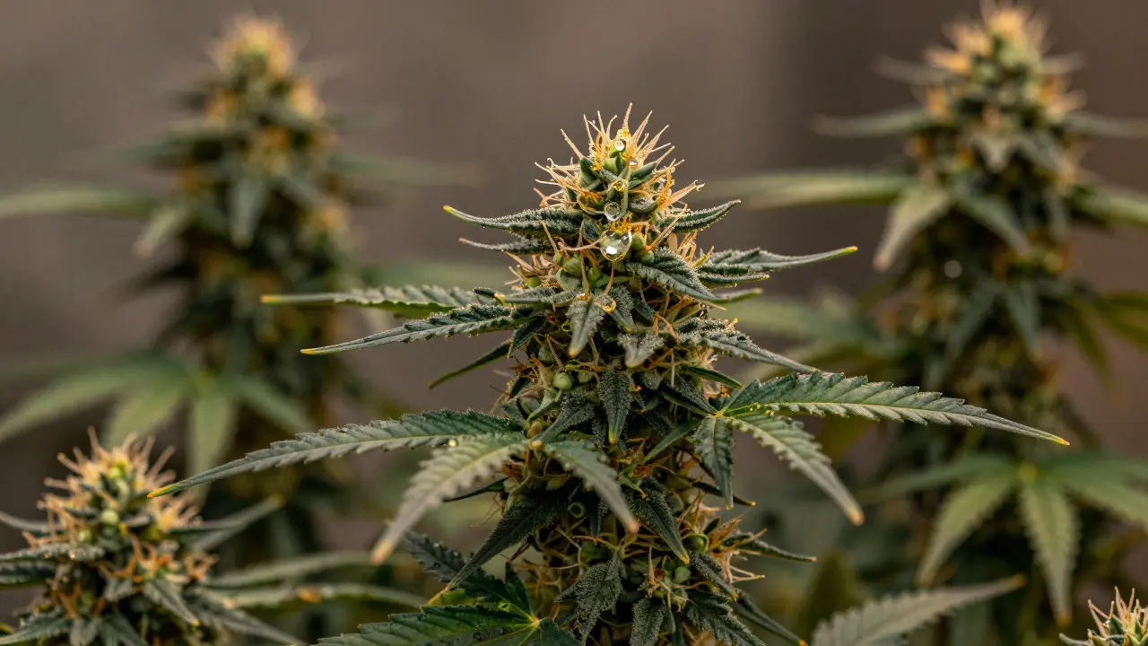Junge Hanfpflanze mit golden leuchtenden CBG-Tropfen kurz vor der Blüte, während andere Blüten bereits CBD-betont sind.